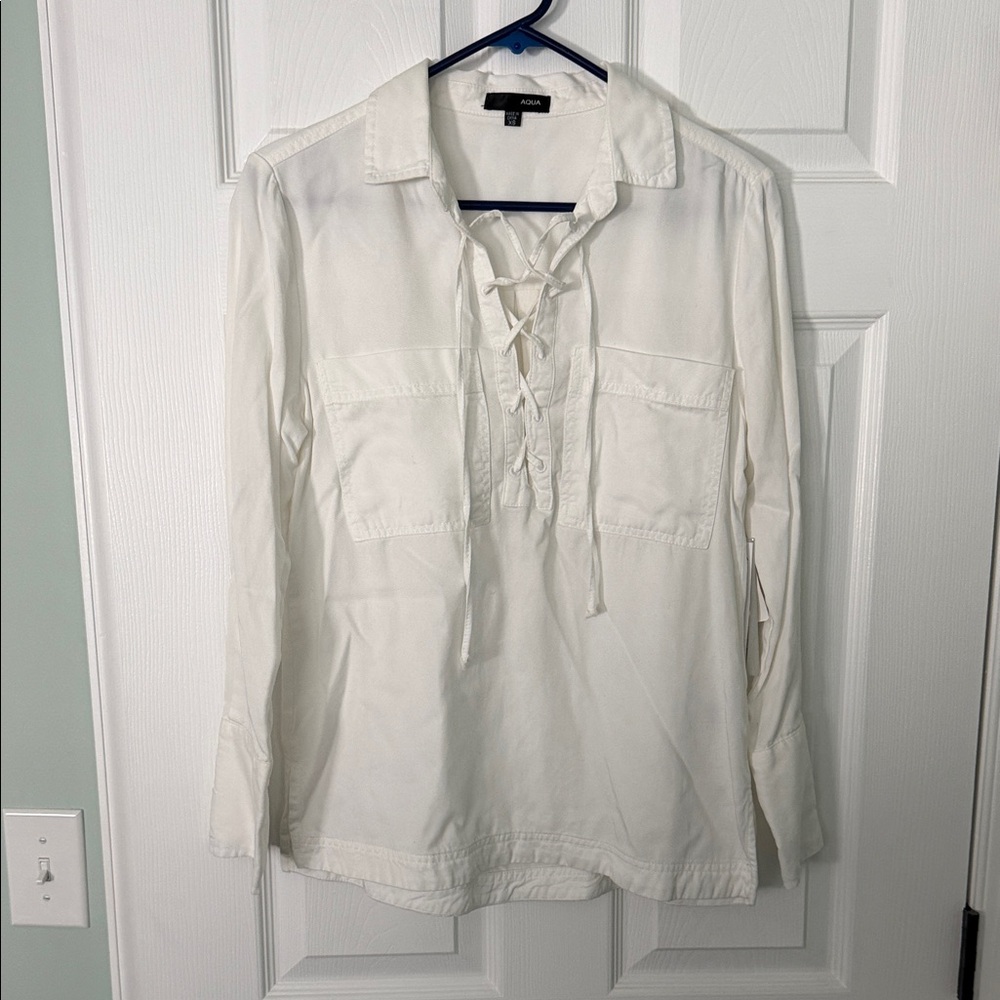 Aqua White Lace-Up Front Long Sleeve Blouse
